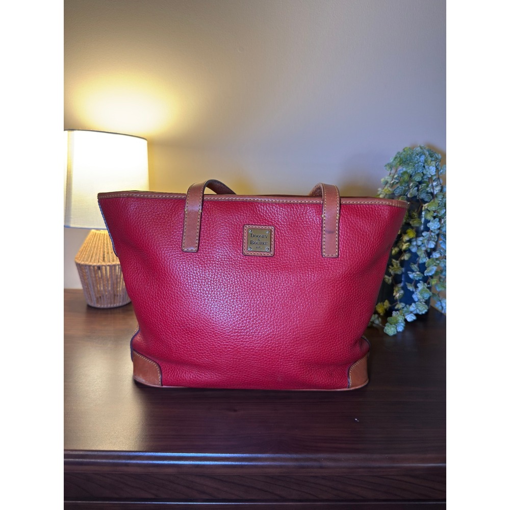 Dooney & Bourke Red Pebbled Leather Tote Bag with Tan Trim Charleston